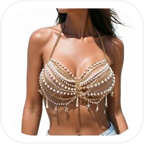 Summer Beach Multi-layered Pearl Beaded Chest Chain Festival Rave Wedding Pearl Crop Top Bikini Seashell Tassel Body Chain Bra Jewelry for Women in Kuwait
