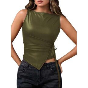 Milumia Women's Faux Pu Leather Crop Tank Top Boat Neck Ruched Asymmetrical Party Club Tops in Saudi Arabia