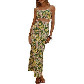 Women's Summer Holiday 2 Piece Outfit Floral Print Backless Cami Top and High Waisted Maxi Slit Skirt Flax Sets in Saudi Arabia