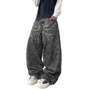 DFGIGT Mens Hip Hop Baggy Jeans Y2k Stylish Patch Embroidery Wide Leg Jeans Casual Skater Loose Fit Denim Pants in Saudi Arabia