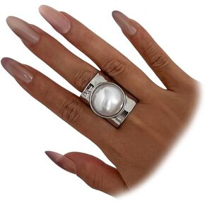 Vintage Wide Gold Silver Inlay Pearl Ring, Statement Widen Geometric Knuckle Rings for Women Trendy Non Tarnish Party Daily Life Finger Jewelry Gifts in Saudi Arabia