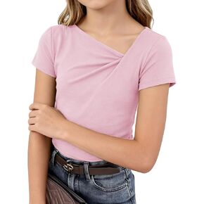Girls Asymmetrical Neck Short Sleeve T-Shirts Summer Casual Ruched Solid Color Tee 5-13 Years in Saudi Arabia
