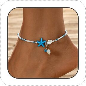 Beaded Ankle Bracelets for Women Boho Starfish Shell Pearl Beaded Ankle Bracelets Stacked Strench Silver Ankle Bracelet Non Tarnish Adjustable Hawaiian Summer Beach Surfer Foot Jewelry in Saudi Arabia