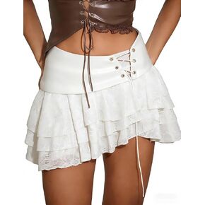 Women's Leather Mini Skirt Layered Y2K Lace Skirt Going Out Rave Concert Outfit Drawstring Lace Up Short Skirts in Saudi Arabia