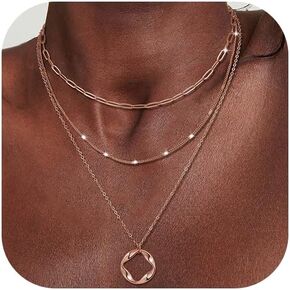 3Pcs Layered Necklace for Women Stackable Necklaces Silver Rosegold Gold Plated Chain Dainty Set Gifts Circle Pendant Paperclip Chain Choker Necklaces Trendy Personalized Jewelry Set Gifts for Women in Kuwait