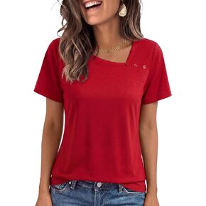 Short Sleeve Shirts for Women Tunic Tops Asymmetric Square Neck with Decorative Buttons Loose Fit Summer Casual in Saudi Arabia