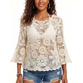 HUICHANG Boho Crochet Tops for Women 3/4 Length Sleeve Hollow Out Cropped Cover Up Vacation Outfits Bathing Suit Coverups in Saudi Arabia