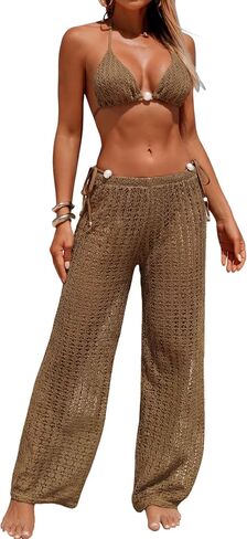 ZAFUL Women's Halter Bikini Sets V Neck Textured Triangle String High Cut Tie Side 3 Piece Swimsuits with Cover Up Pants in Kuwait