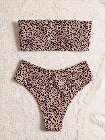 OYOANGLE Women's Leopard Bandeau Bikini Strapless Swimsuits Cheetah Print Bathing Suits Beachwear in Kuwait