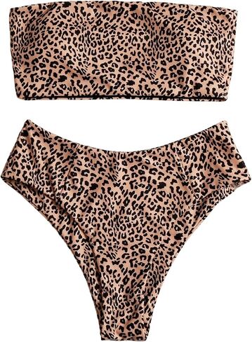 OYOANGLE Women's Leopard Bandeau Bikini Strapless Swimsuits Cheetah Print Bathing Suits Beachwear in Kuwait
