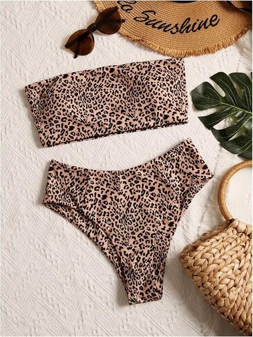 OYOANGLE Women's Leopard Bandeau Bikini Strapless Swimsuits Cheetah Print Bathing Suits Beachwear in Kuwait