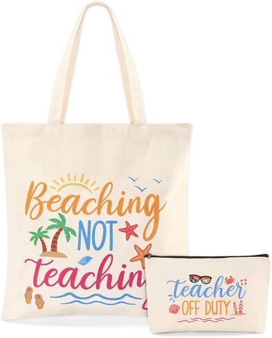 Percozzi Teacher Appreciation Gifts Tote Canvas Bag Beach Summer Vacation Survival Makeup Bag End of Year Teacher Present Ideas Beaching Not Teaching Teacher Off Duty Set of 2 Thank You Gift in Saudi Arabia