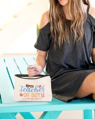 Percozzi Teacher Appreciation Gifts Tote Canvas Bag Beach Summer Vacation Survival Makeup Bag End of Year Teacher Present Ideas Beaching Not Teaching Teacher Off Duty Set of 2 Thank You Gift in Saudi Arabia