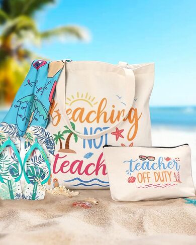 Percozzi Teacher Appreciation Gifts Tote Canvas Bag Beach Summer Vacation Survival Makeup Bag End of Year Teacher Present Ideas Beaching Not Teaching Teacher Off Duty Set of 2 Thank You Gift in Saudi Arabia