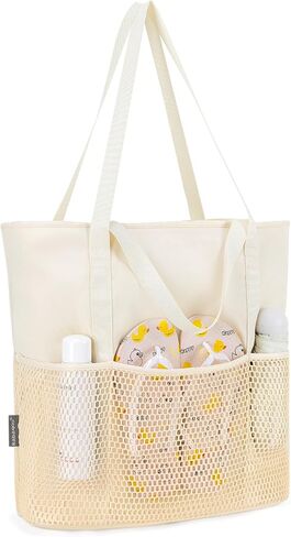 KABAQOO Large Beach Bag Waterproof Sandproof Tote Bag for Women with Zipper & Mesh Pockets for Pool Swim Travel Everyday | waterproof in Saudi Arabia