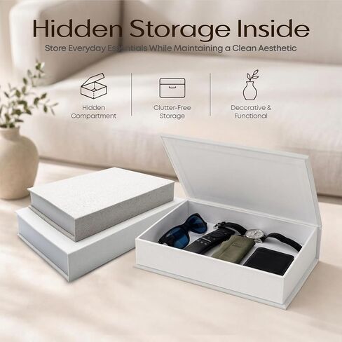 Decorative Book Storage Boxes Set of 2 – Linen Faux Books with Hidden Storage & Magnetic Closure, Neutral and White Decorative Book Boxes for Coffee Table & Bookshelf Decor in Saudi Arabia