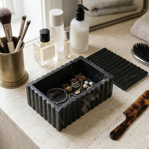 Decorative Marble Ridged Box for Home Decor - Modern Storage Box with Lid for Jewelry, Keepsake, and Shelf Accent - Home Organizer for Bedroom, Office Desk, or Living Room Decor - 3", Black in Saudi Arabia