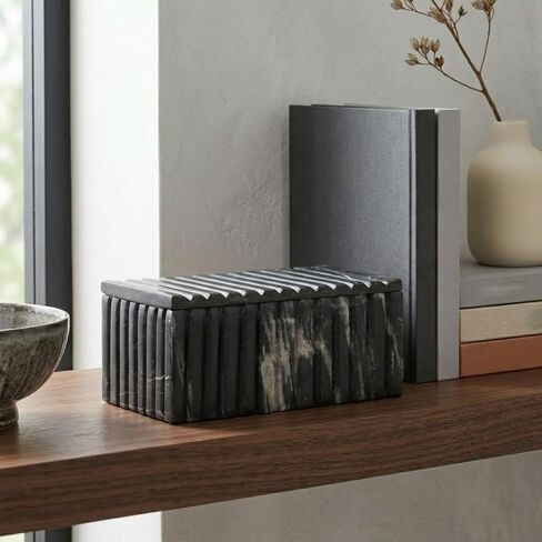 Decorative Marble Ridged Box for Home Decor - Modern Storage Box with Lid for Jewelry, Keepsake, and Shelf Accent - Home Organizer for Bedroom, Office Desk, or Living Room Decor - 3", Black in Saudi Arabia