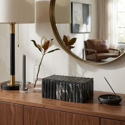 Decorative Marble Ridged Box for Home Decor - Modern Storage Box with Lid for Jewelry, Keepsake, and Shelf Accent - Home Organizer for Bedroom, Office Desk, or Living Room Decor - 3", Black in Saudi Arabia