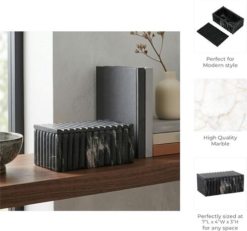 Decorative Marble Ridged Box for Home Decor - Modern Storage Box with Lid for Jewelry, Keepsake, and Shelf Accent - Home Organizer for Bedroom, Office Desk, or Living Room Decor - 3", Black in Saudi Arabia