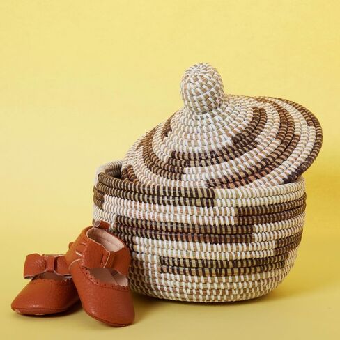 Decorative African Storage Basket with Lid, Colorful Pattern on White, Hooded, 10 Inch Wide in Kuwait
