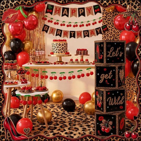 ديكورات حفلات Cheetah Cherry من Gueevin، 4 قطع لديكور صندوق ورقي لعيد الميلاد، والعزاب، وليلة البنات، والحفلات التي تحمل عنوان الكرز in Kuwait