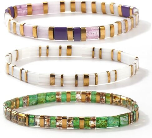 Tila Flat Beaded Stretch Bracelet Stack for Women,3PCS Boho Square Glass Beads Stackable Bracelets Trendy Jewelry Gift Friendship in Saudi Arabia