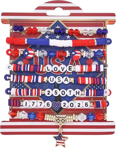 250th Anniversary USA Bracelet 1776-2026 – Elastic Beaded Wristband with Blue & Red Artificial Gemstones, Patriotic Jewelry for Independence Day, Semiquincentennial Celebration Gift for Women Men in Saudi Arabia