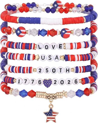 250th Anniversary USA Bracelet 1776-2026 – Elastic Beaded Wristband with Blue & Red Artificial Gemstones, Patriotic Jewelry for Independence Day, Semiquincentennial Celebration Gift for Women Men in Saudi Arabia