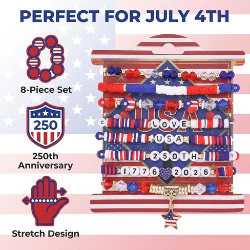 250th Anniversary USA Bracelet 1776-2026 – Elastic Beaded Wristband with Blue & Red Artificial Gemstones, Patriotic Jewelry for Independence Day, Semiquincentennial Celebration Gift for Women Men in Saudi Arabia