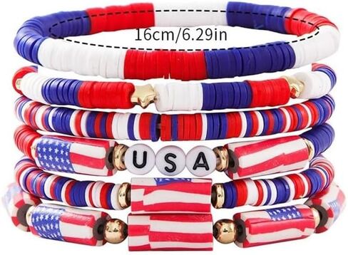 6PCS 4th of July Patriotic Bracelets, USA Flag Star Beaded Stretch Stackable Bracelets for Memorial Day 250th Anniversary Decor, Women in Kuwait