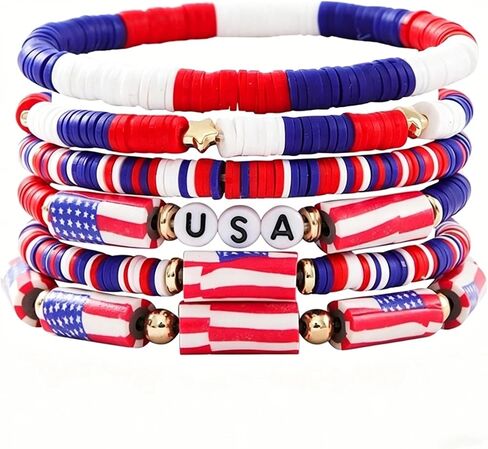 6PCS 4th of July Patriotic Bracelets, USA Flag Star Beaded Stretch Stackable Bracelets for Memorial Day 250th Anniversary Decor, Women in Kuwait