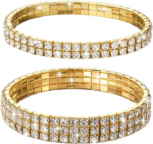 2 PCS Gold Rhinestone Bracelets for Women, Rhinestone Stretch Bracelet Stackable Crystal Tennis Bangles Stretch Sparking Stackable for Bridal, Wedding, Party, And Daily Wear in Kuwait