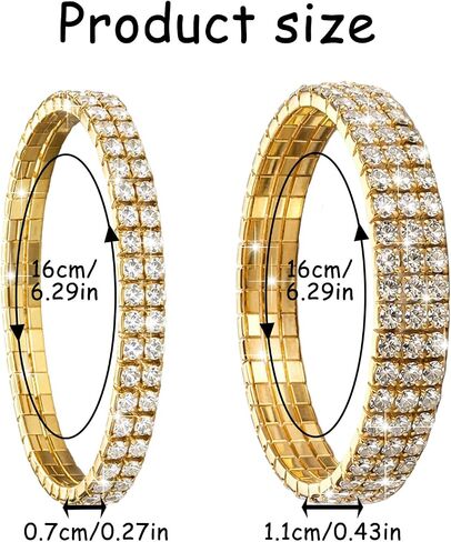 2 PCS Gold Rhinestone Bracelets for Women, Rhinestone Stretch Bracelet Stackable Crystal Tennis Bangles Stretch Sparking Stackable for Bridal, Wedding, Party, And Daily Wear in Kuwait