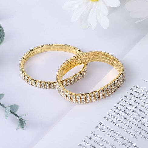 2 PCS Gold Rhinestone Bracelets for Women, Rhinestone Stretch Bracelet Stackable Crystal Tennis Bangles Stretch Sparking Stackable for Bridal, Wedding, Party, And Daily Wear in Kuwait
