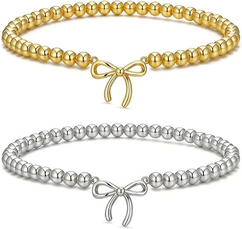 2PCS Dainty Beaded Bracelet Set for Women - Waterproof Silver Gold Bow Charm Stretch Ball Handmade Stackable Bracelets, Trendy Adjustable Jewelry Birthday Gifts for Her in Saudi Arabia