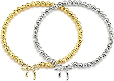 2PCS Dainty Beaded Bracelet Set for Women - Waterproof Silver Gold Bow Charm Stretch Ball Handmade Stackable Bracelets, Trendy Adjustable Jewelry Birthday Gifts for Her in Saudi Arabia