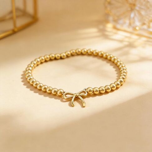 2PCS Dainty Beaded Bracelet Set for Women - Waterproof Silver Gold Bow Charm Stretch Ball Handmade Stackable Bracelets, Trendy Adjustable Jewelry Birthday Gifts for Her in Saudi Arabia
