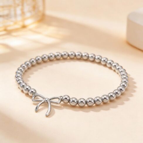 2PCS Dainty Beaded Bracelet Set for Women - Waterproof Silver Gold Bow Charm Stretch Ball Handmade Stackable Bracelets, Trendy Adjustable Jewelry Birthday Gifts for Her in Saudi Arabia