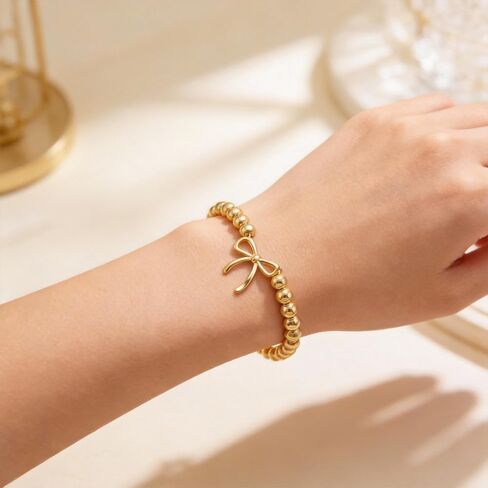 2PCS Dainty Beaded Bracelet Set for Women - Waterproof Silver Gold Bow Charm Stretch Ball Handmade Stackable Bracelets, Trendy Adjustable Jewelry Birthday Gifts for Her in Saudi Arabia