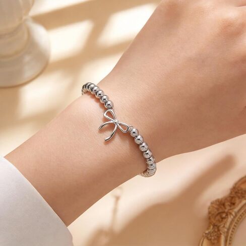 2PCS Dainty Beaded Bracelet Set for Women - Waterproof Silver Gold Bow Charm Stretch Ball Handmade Stackable Bracelets, Trendy Adjustable Jewelry Birthday Gifts for Her in Saudi Arabia