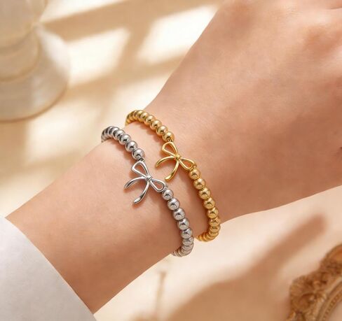 2PCS Dainty Beaded Bracelet Set for Women - Waterproof Silver Gold Bow Charm Stretch Ball Handmade Stackable Bracelets, Trendy Adjustable Jewelry Birthday Gifts for Her in Saudi Arabia