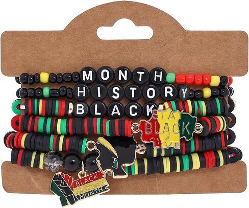 6PCS Black History Month Beaded Bracelets Set African Red Green Black Juneteenth Stretch Bracelets Black History Month Jewelry for Women Men in Kuwait