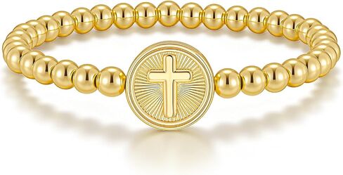 Gold Virgin Mary Beaded Bracelet - 14K Gold Plated Stretch Cross Bracelets,Elastic Golden Religious Prayer Virgen de Guadalupe Beads Jewelry,Christian Confirmation First Communion Gifts for Women in Saudi Arabia