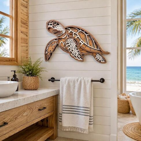 Fossil King Sea Turtle Wall Decor Large 14.5" – 3D Layered Wood Coastal Wall Art Beach House Ocean Decor in Saudi Arabia