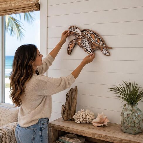 Fossil King Sea Turtle Wall Decor Large 14.5" – 3D Layered Wood Coastal Wall Art Beach House Ocean Decor in Saudi Arabia