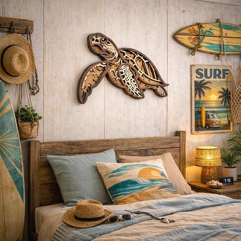 Fossil King Sea Turtle Wall Decor Large 14.5" – 3D Layered Wood Coastal Wall Art Beach House Ocean Decor in Saudi Arabia