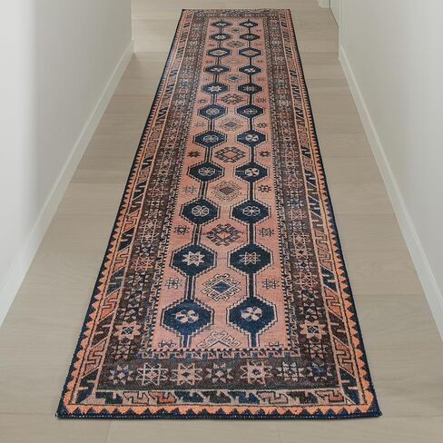 Indiclay 2’6" x 10’ Runner Rug – Blush Pink & Deep Navy Heritage Flatweave, Low-Pile – Easy Clean Runner Rug – Perfect for Hallway, Kitchen, Entryway – Pet & Kid Friendly in Saudi Arabia