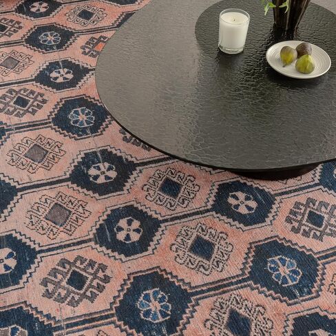 Indiclay 2’6" x 10’ Runner Rug – Blush Pink & Deep Navy Heritage Flatweave, Low-Pile – Easy Clean Runner Rug – Perfect for Hallway, Kitchen, Entryway – Pet & Kid Friendly in Saudi Arabia