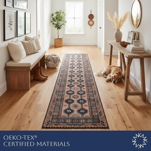 Indiclay 2’6" x 10’ Runner Rug – Blush Pink & Deep Navy Heritage Flatweave, Low-Pile – Easy Clean Runner Rug – Perfect for Hallway, Kitchen, Entryway – Pet & Kid Friendly in Saudi Arabia